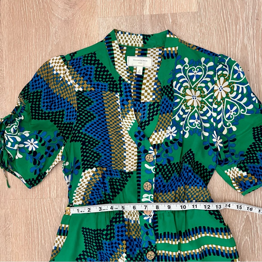 Anthropologie- Moulinette Soeurs Vibrant Green Blue Puff Sleeve Dress- Size 2 - Picture 4 of 8